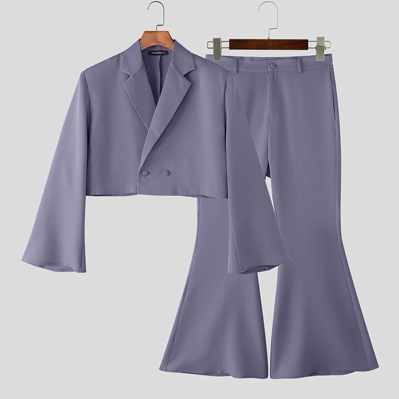 INCERUN Men Sets Solid Color Lapel Long Sleeve Crop Blazer & Flare Pants Two Pieces Sets Streetwear Fashion Men's Casual Suits