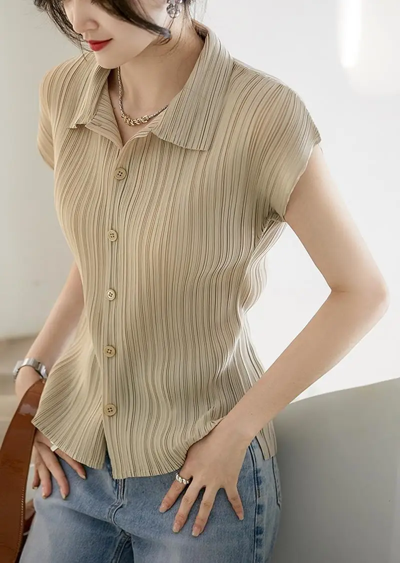 

Slimming Summer Faion Pleated Texture ort Sve irt Top Women's Premium Clothing Collar Single Button Closure