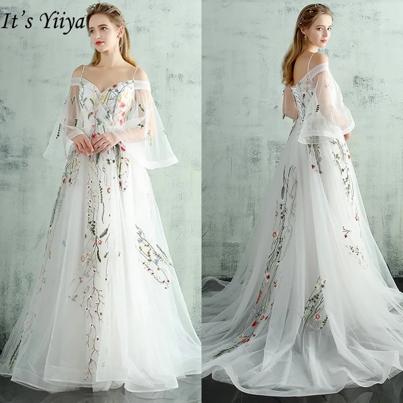 

It's Yiiya Evening Dress White Tulle Boat Neck Flare Sleeves Party Dresses Elegant Appliques Luxury Train Robe de soiree LX232