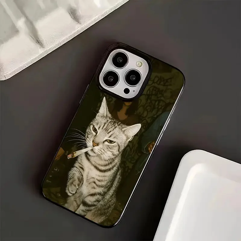 أنيق القط التدخين نمط أسود جراب هاتف آيفون 17 الهواء 16 15 14 13 12 11 17 برو ماكس X XS XR 7 8 زائد SE2 لينة الغطاء الخلفي
