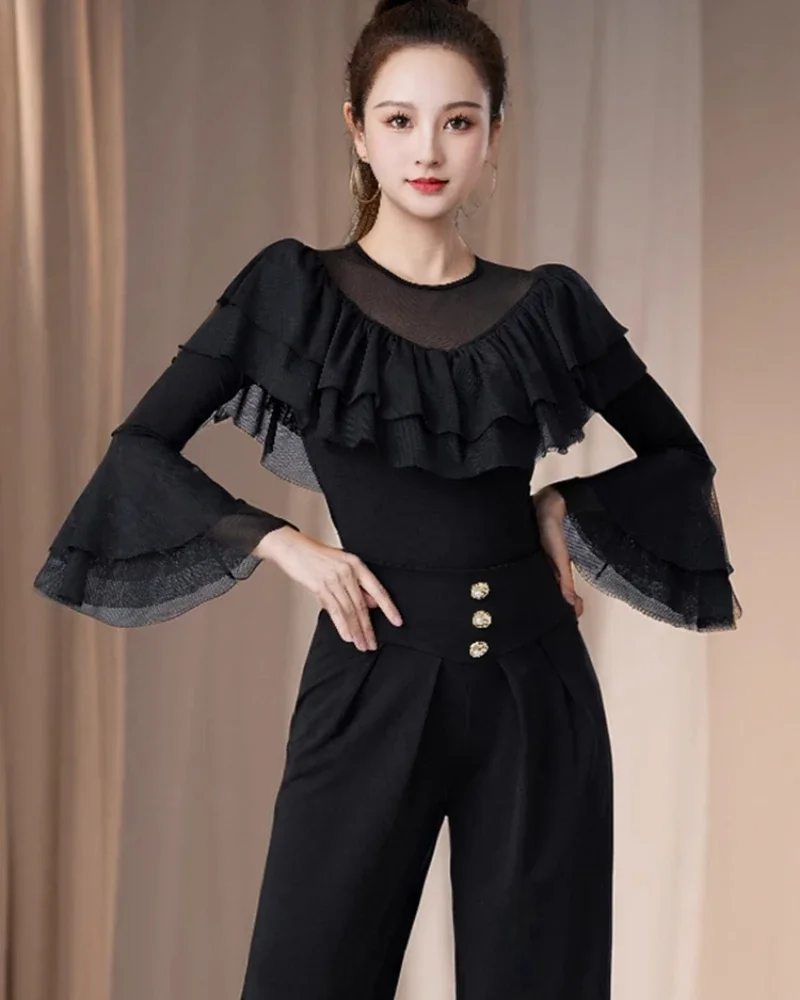

Adult Women's Latin Dance Top Practice Clothes Flared Sleeve Modern Standard Dance Body Shape Fitness Sportswear Samba Clothes
