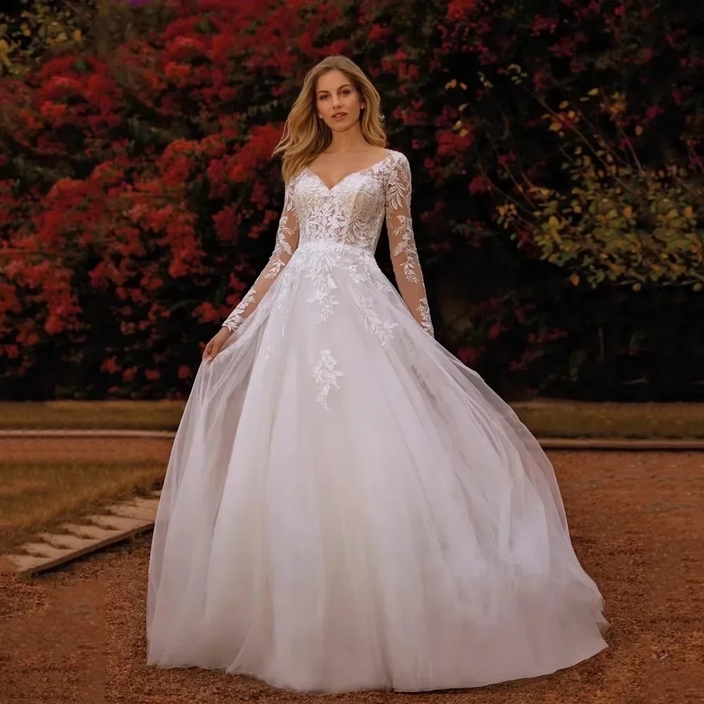 

Elegant A-Line Chiffon Applique Women's Wedding Dress Sexy V-Neck Long Sleeved Dance Bridal Gown Vestido De Novia Customized