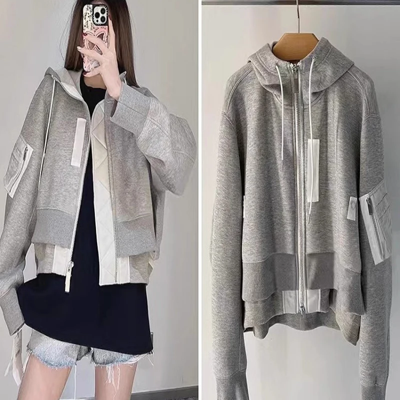 [ZOCI] Autumn Short Coat New Casual Splicing Workwear Zipper Hooded Street Sweater