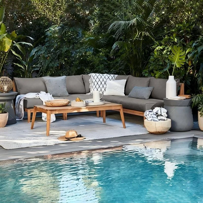 #Modern Outdoor Teak Wood Sofa Set Gray Cushions with Rectangular Coffee Table Boho Decorative Pillows for Poolside Patio Garden