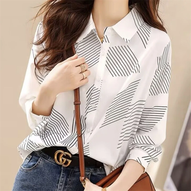 Women's Korean Fashion Geometric Striped Print Button Up Shirt Office Lady Elegant Business Casual Blouse Long Sleeve Loose Tops