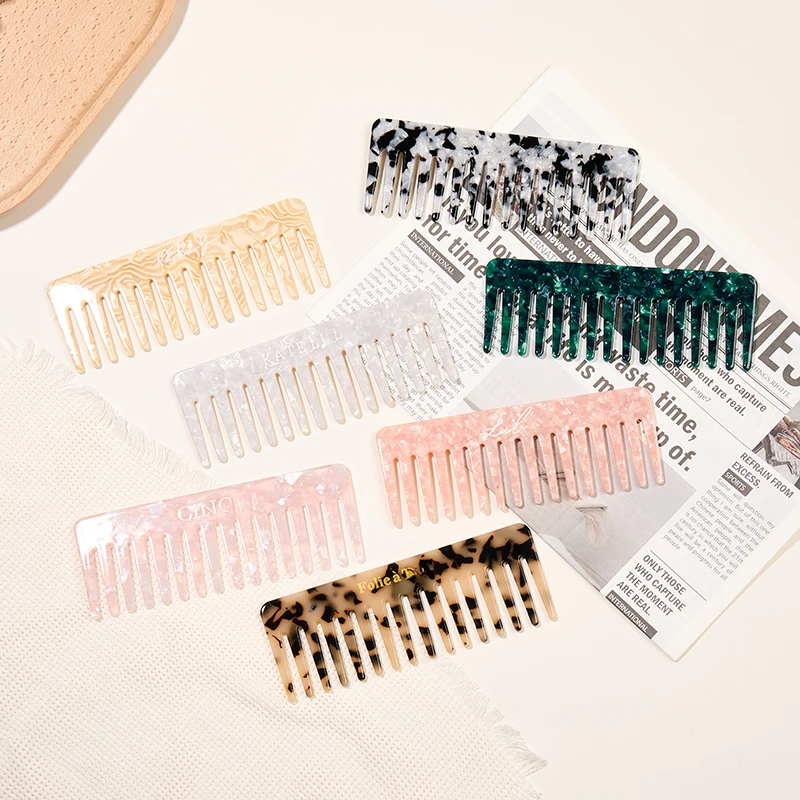 고객 로고 포함 한국 스타일 대리석 패턴 아세테이트 빗 여성용 럭셔리 와이드 티스 안티스태틱 헤어 콤 패션 헤어케어 도구