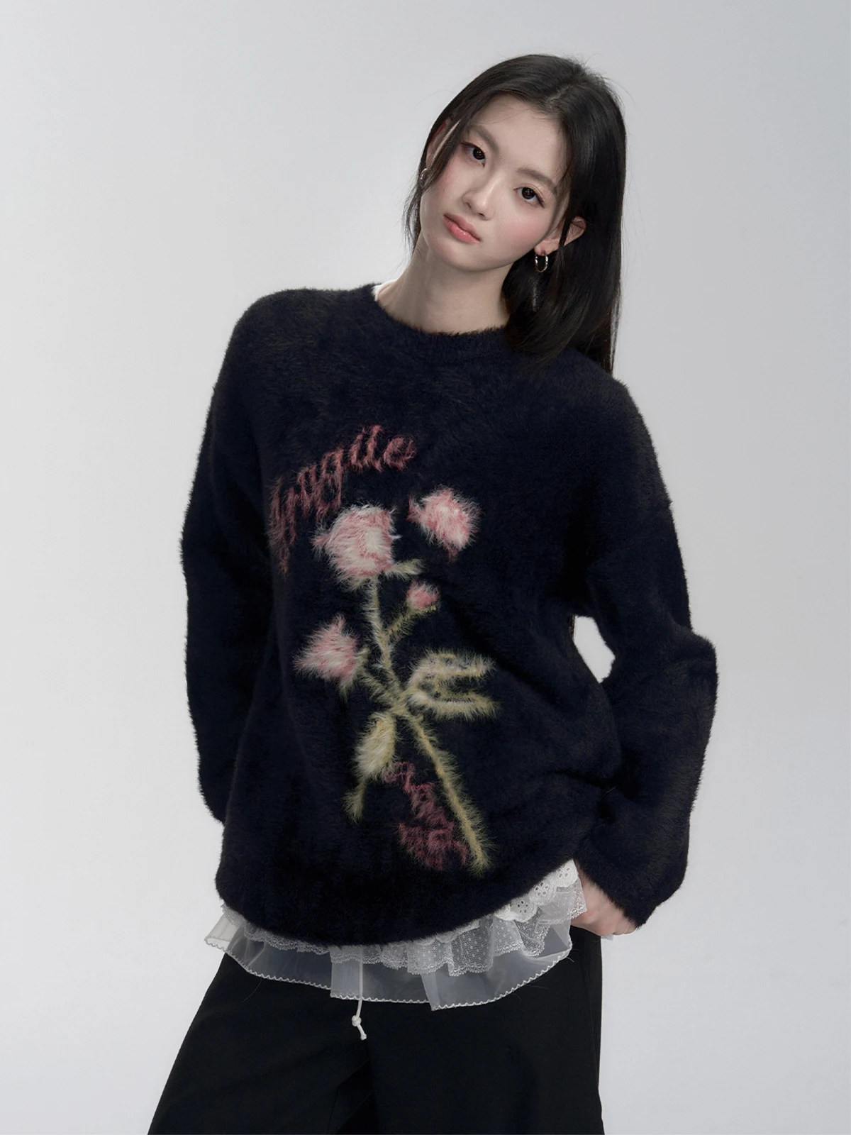 

Fragile Heart Romantic Rose Soft Cozy Mink Fur Sweatirt Outerwear Lazy Sle Warmth Commute Pattern Long Sve round Ne