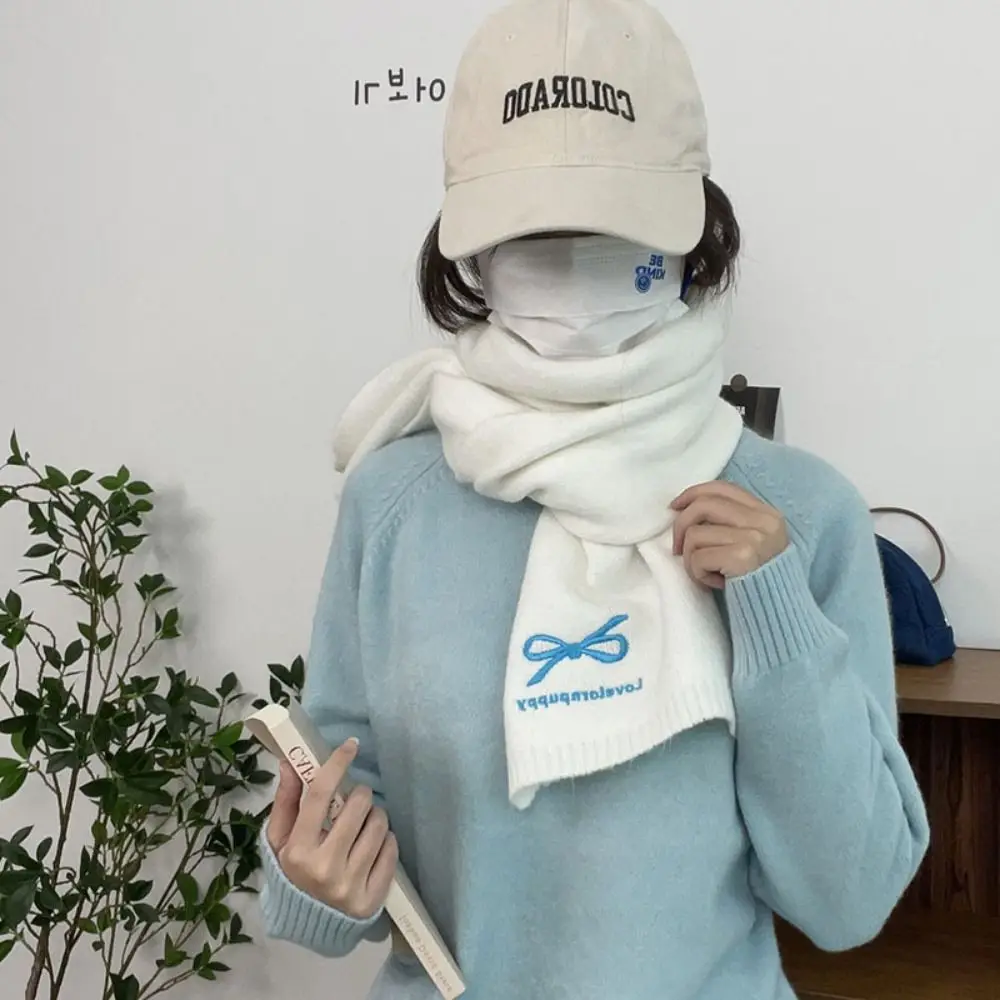 

Thicken Bowknot Embroidery Bow Scarf Letter Warm Knitted Scarves Korean Style Scarves Cute Wool Shawl Student