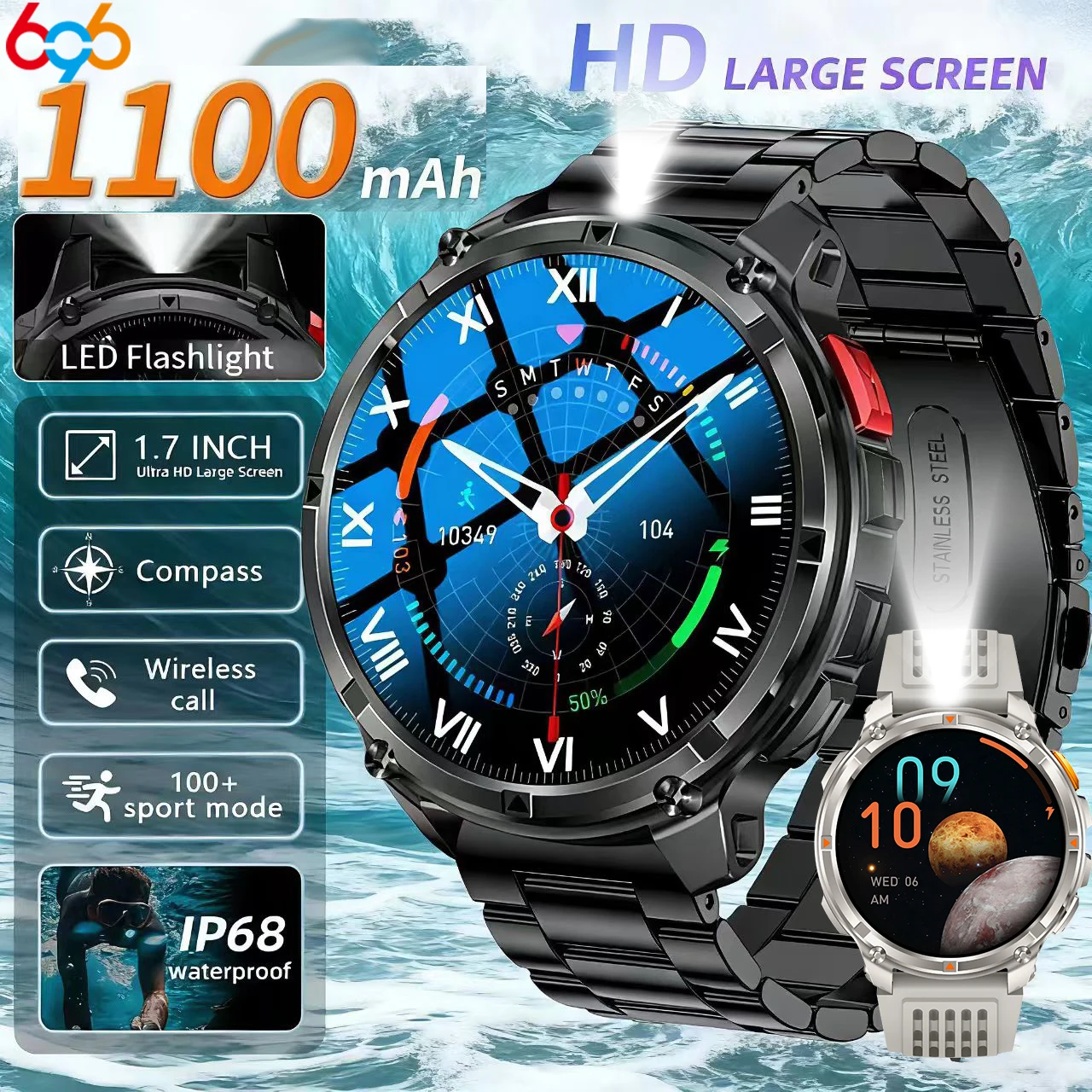 الرياضة البوصلة Smartwatch 1.7 بوصة 1100mAh بطارية BT دعوة في الهواء الطلق ساعة ذكية الرجال النساء مراقبة الصحة إضاءة مقاومة للماء مصباح يدوي