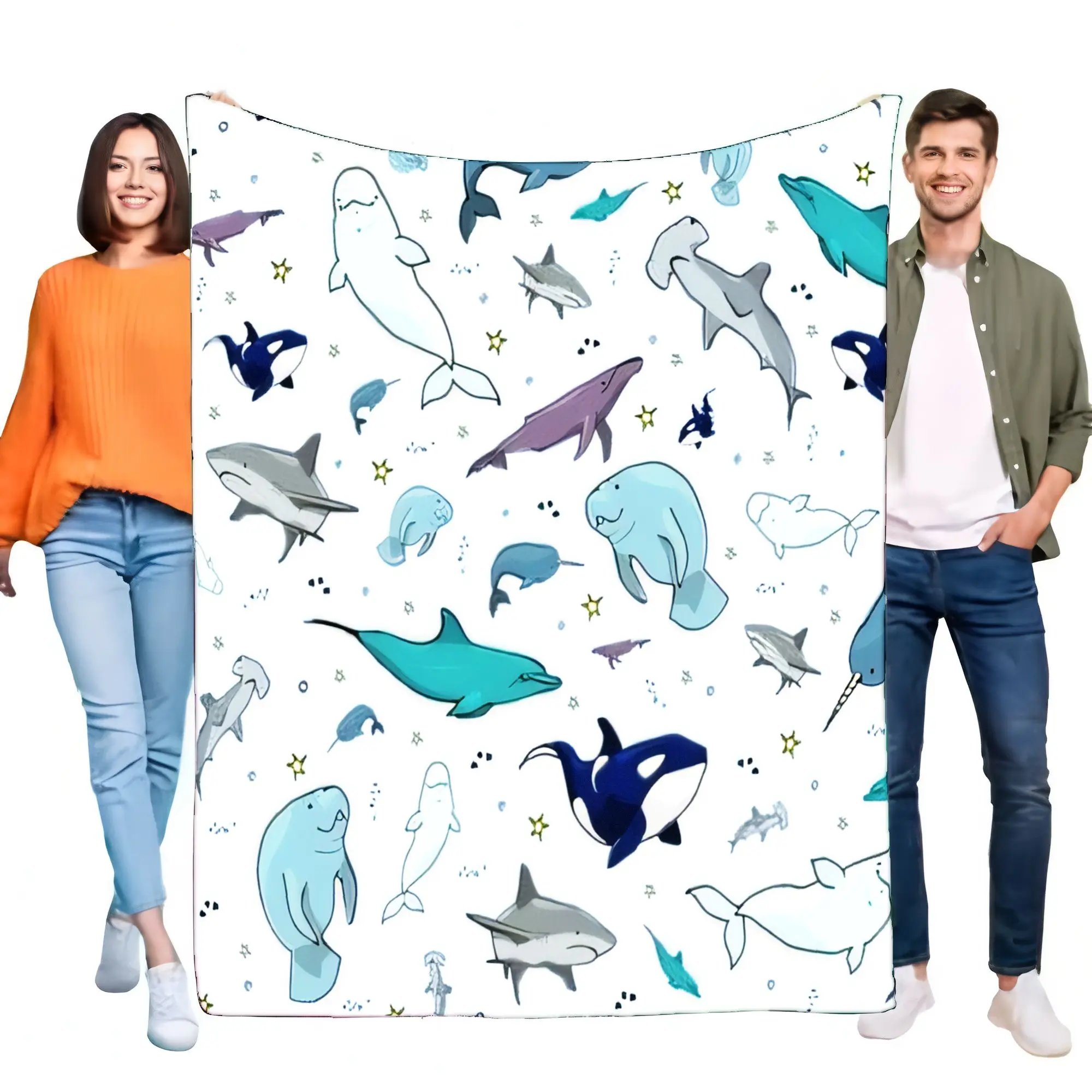 Cute Cartoon Sea Life Blanket Ultra Soft Flannel Throw Kids Boys Girls Ocean Whale Dolphin Shark Manatee Themed Bed Sofa Couch G