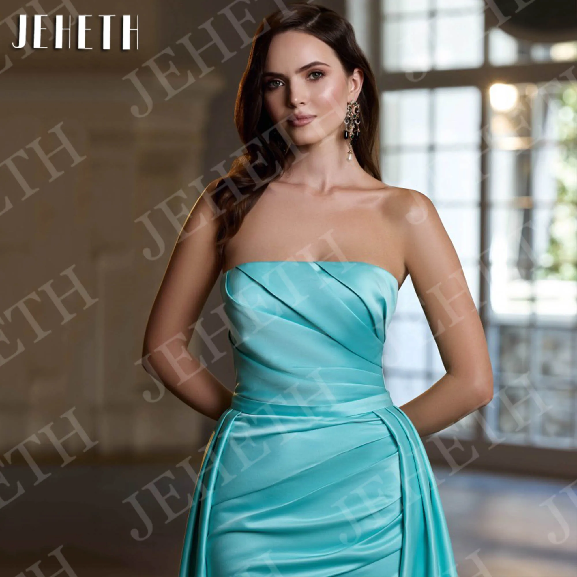 JEHETH Abito da sera elegante Sirena Sexy con spalle scoperte Abiti da ballo principessa con spacco in raso Treno staccabile personalizzato Elegante abito da sera sirena sexy fuori spalla principessa abiti da ballo ras