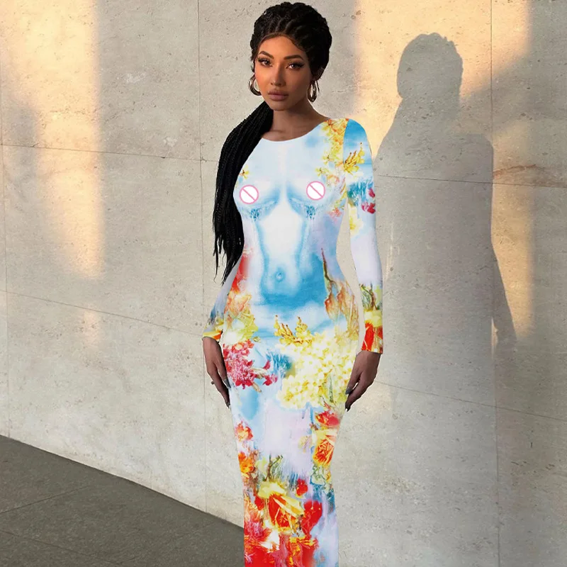 Slim Fit Longo Sve redondo Ne Dr Floral Estampado cintura média malha poliéster Thi Winter Basic Sle Bodycon Saia