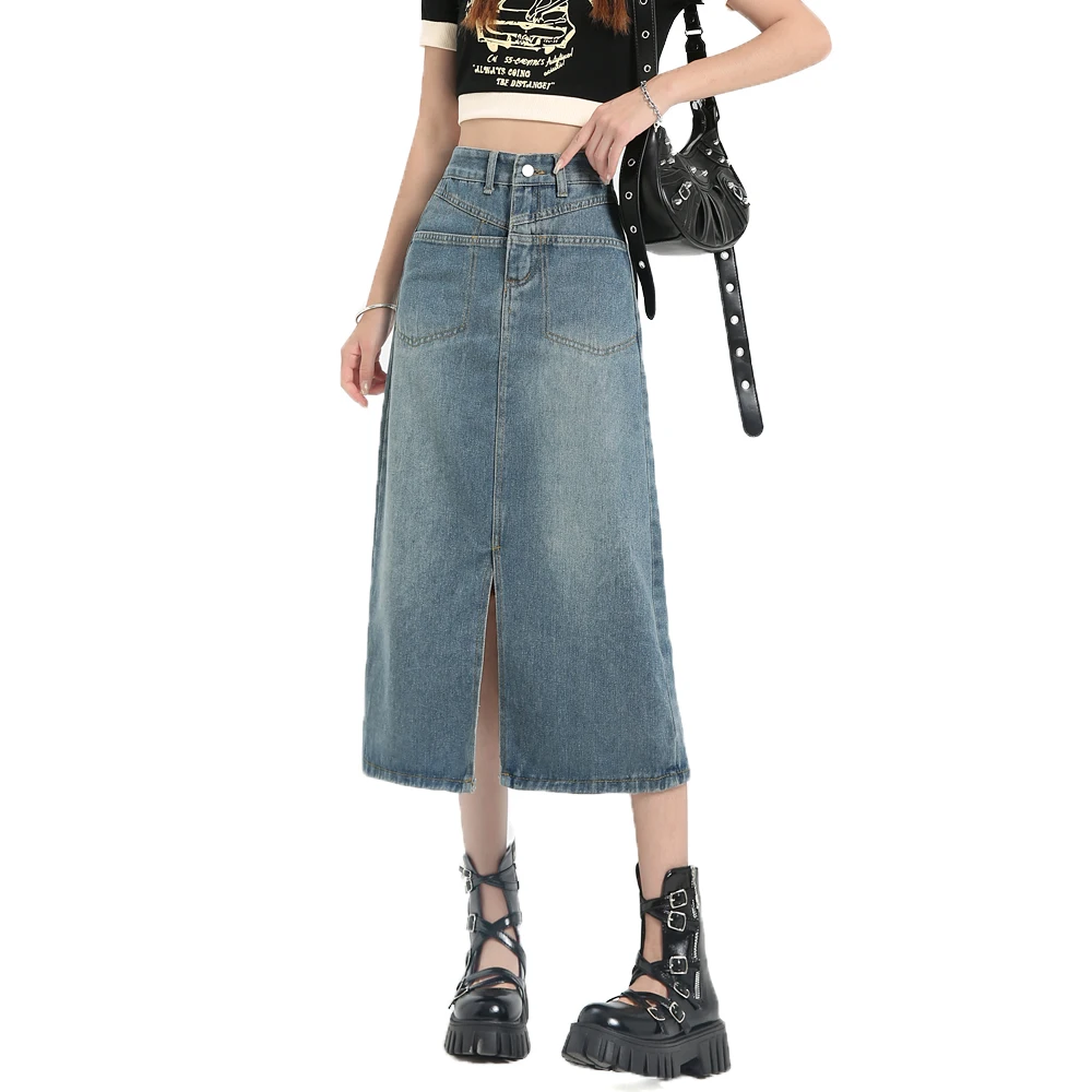 

2023 High waist denim skirt for women's summer new mid long A-line small skirt with buttocks Denim skirt