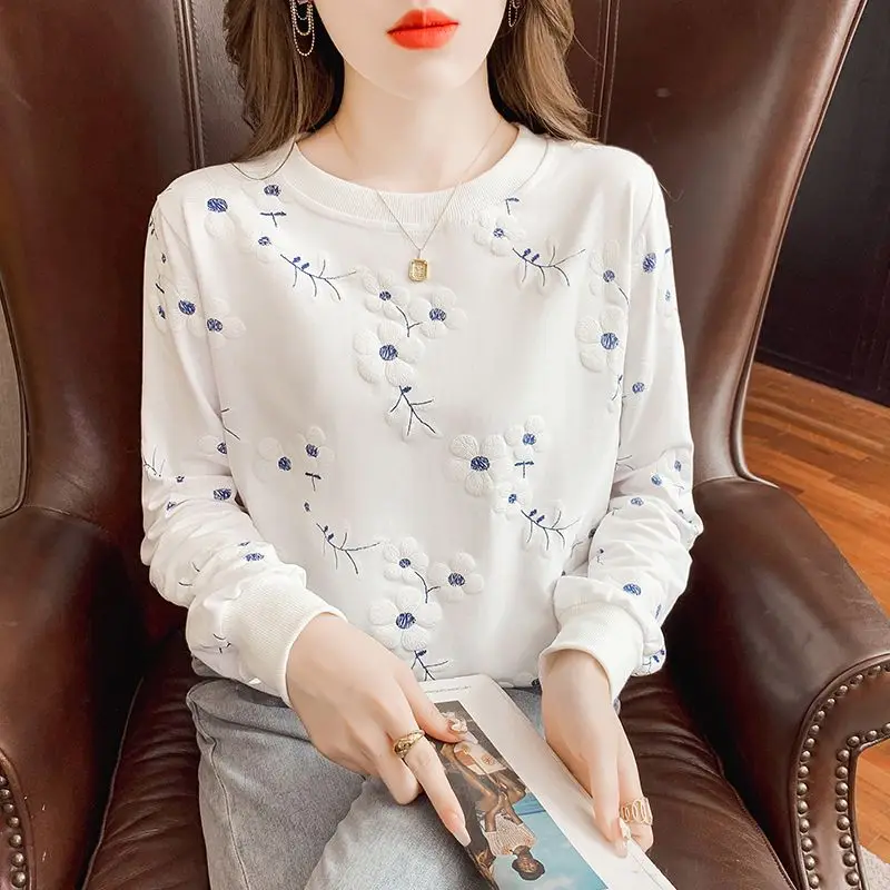 Senhora do escritório casual impressão floral pullovers solto em torno do pescoço regular blusas de fundo fino outono inverno roupas femininas 2023