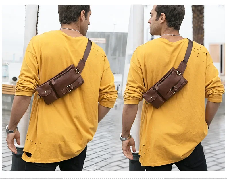 Pacotes de cintura masculina casual retângulo macio couro genuíno bolso móvel crossbody peito saco