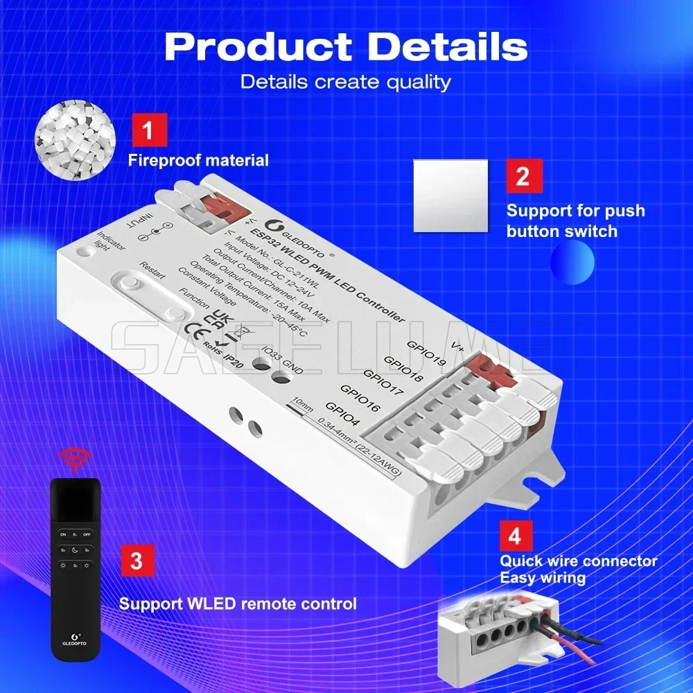 GL-C-211WL/GL-RC-001WL App For RGBCCT RGBW RGB WWCW CCT Dimmer ESP32 PWM WLED LED Controller 5 Modes in 1 DC12-24V WiFi GLEDOPTO view 3