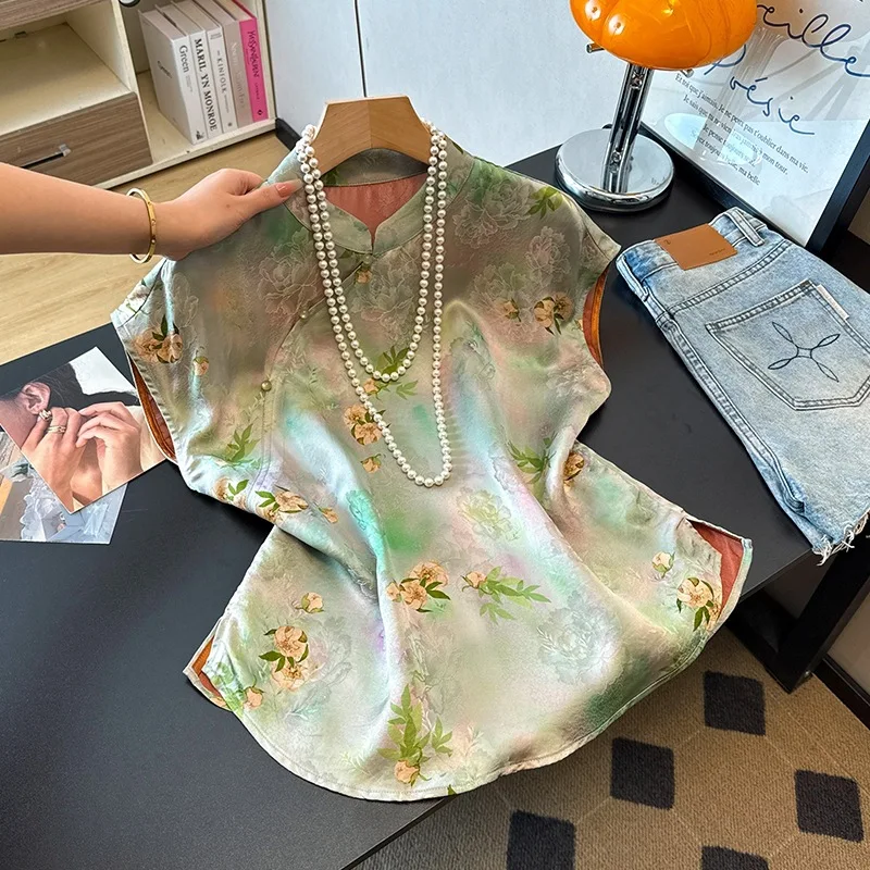 

New Chinese Style Jacquard Sleeve Blouse Print Cheongsam Shirt Vintage Improved Top Slant Placket Frog Buttons Casual Clothes