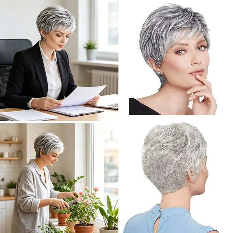 Fotografia 4: Nova Peruca de Cabelo Humano 100% com Corte Pixie, 4 Polegadas, 150% de Densidade, Totalmente Feita à Máquina, Cinza Claro Natural, Curta