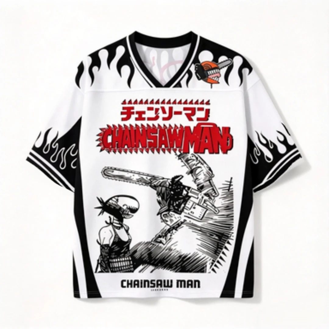 Chainsaw Printed Mesh Black and White Flame Sports Quick Drying V-neck Anime Cool Reze and Denji Manga Pattern Sports Top