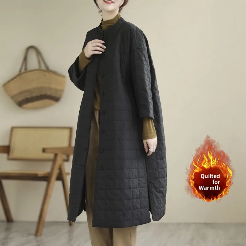 레트로 롱 코튼 재킷 여성용 큰 사이즈 코트 스탠드 칼라 슬릿 디자인 엘레 가을 겨울 아우터웨어 출퇴근 스타일