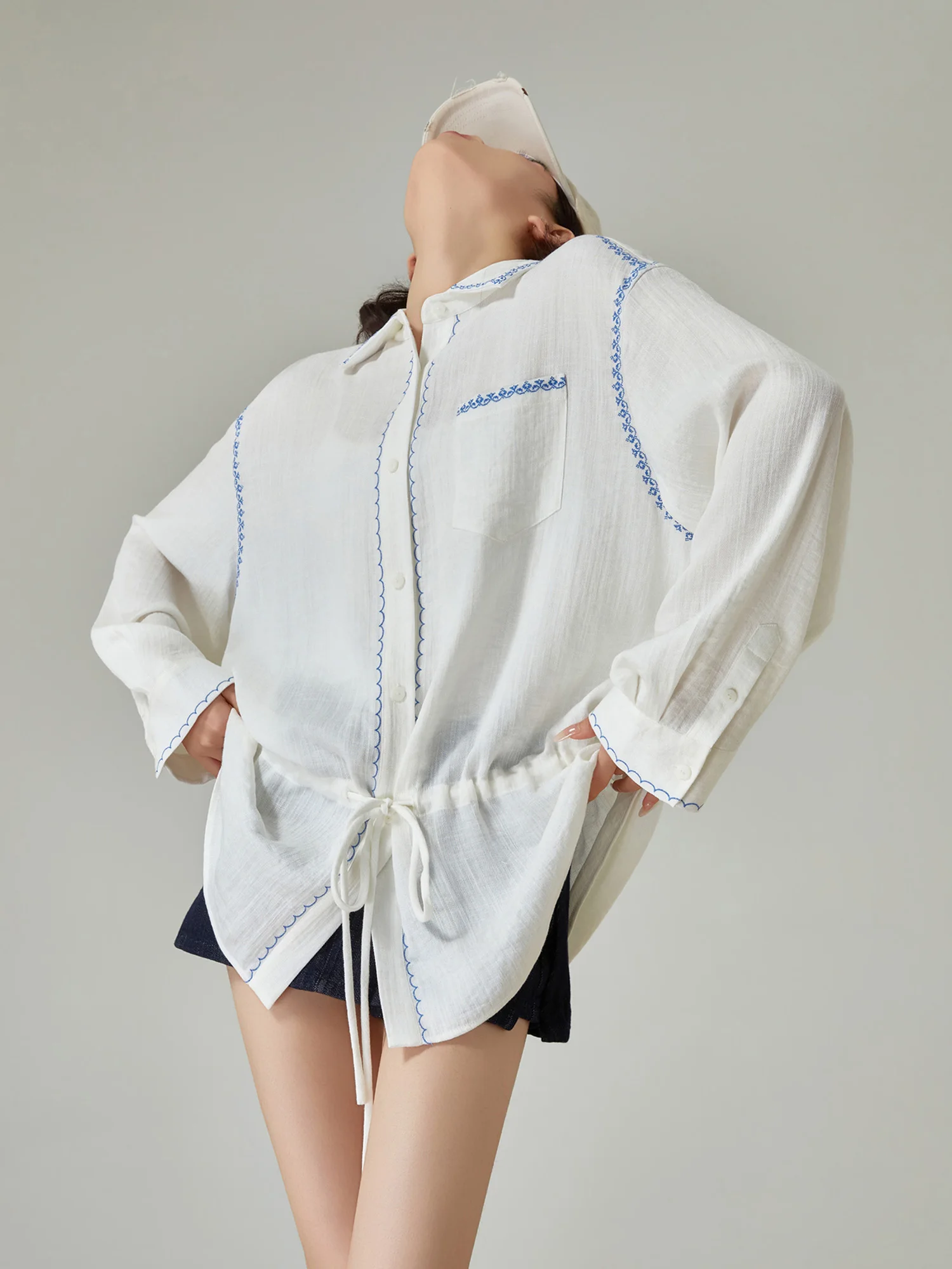 

White Heavy Embroidery Long Sleeve Shirt Women's Casual Loose Style Spring Summer New Holiday Loose Fit Versatile Top