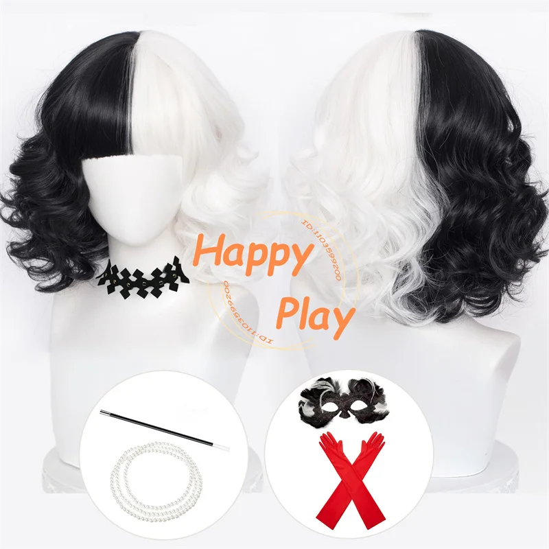 

Синтетический парик для косплея Cruella de Vil, 30 см, черно-белые, вьющиеся парики, термостойкие волосы для женщин, парик для ролевых игр на Хэллоуин, Рождество