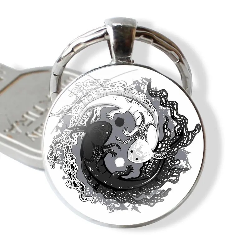 Cute Axolotl Yin Yang Cherry Blossoms Keychain Handmade Glass Cabochon Key Ring Holder Pendant Key Chains