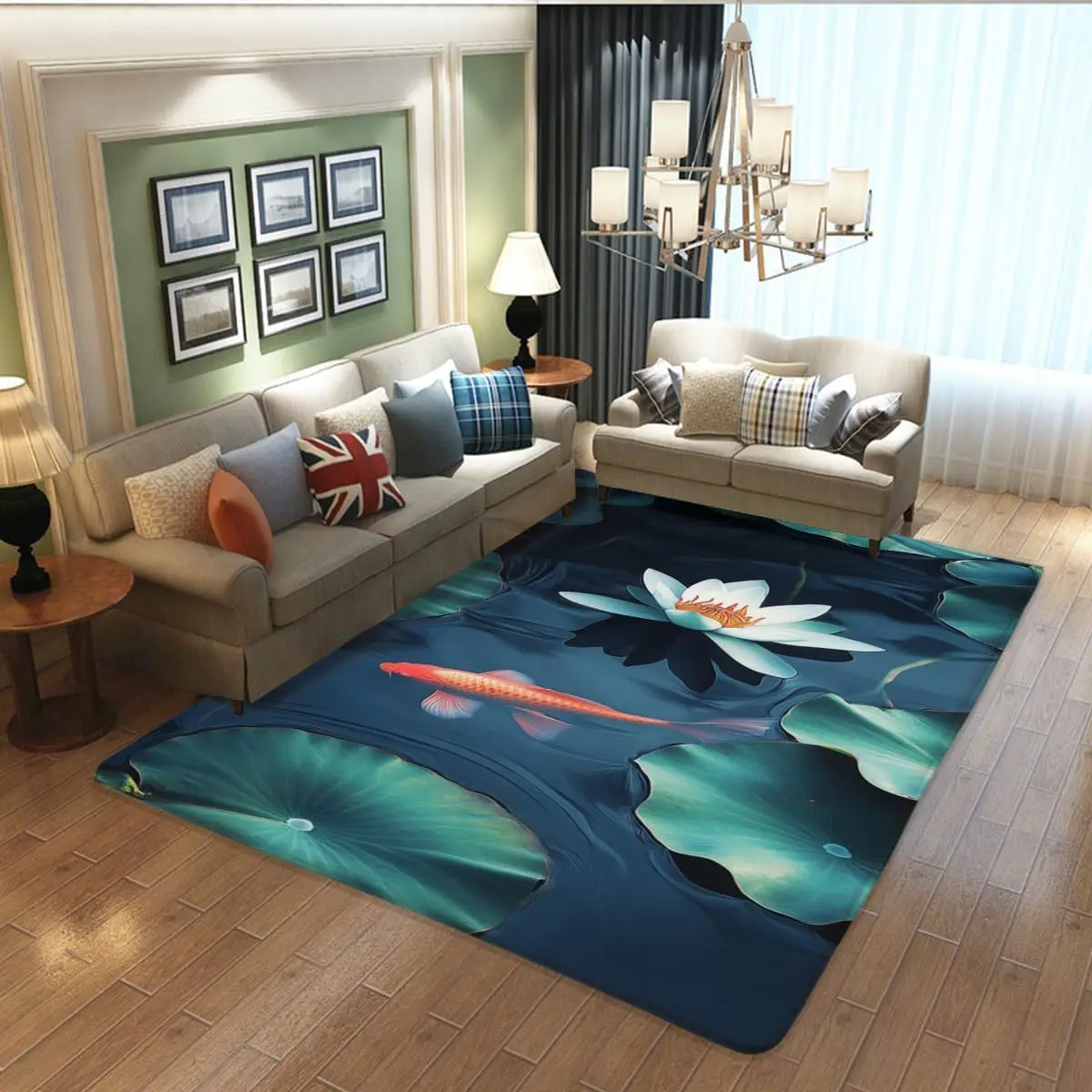 Lotus Carp and White Lotus Printed Area Rug, Soft Non-Slip Indoor Area Rug, Floral Theme Area Rug for Modern Home Dining Room