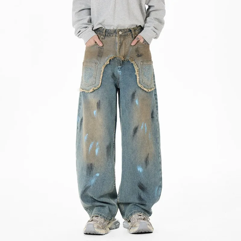 

KIDWHXR Men Trousers Vintgae Drawing Contrast Color Male Denim Pant Streetwear Loose Pocket Washed Distressed Man Wide Leg Pant