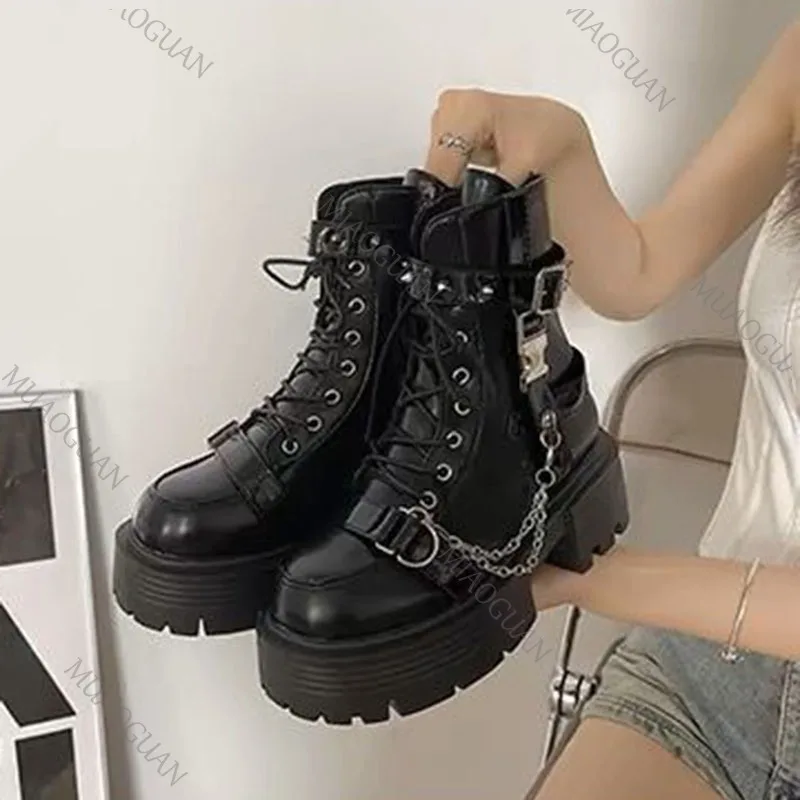 Sweet Punk Thick Bottom Ankle Boots for Women Autumn New Black Rivets Gothic Chunky Heeled Motorcycle Botas Side Zipper Shoes - view 2