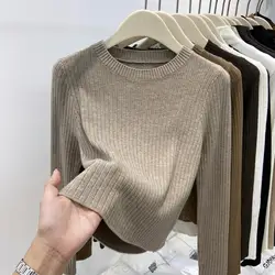 Autumn and Winter New Round Neck Pit Strip Sweater Women Slim Pullover Short Sweater Slimming Bottoming Shirt for Small People