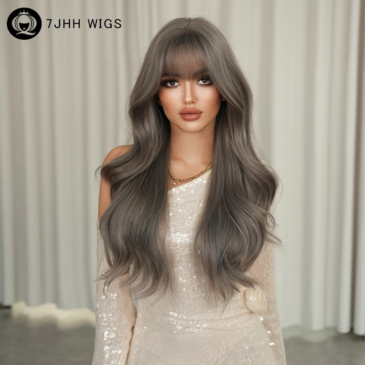 

Long Body Wave Ash Purple Wig for Women Daily Use High Density Synthetic Layered Wavy Gray Wigs with Neat Bangs 27.95Inches