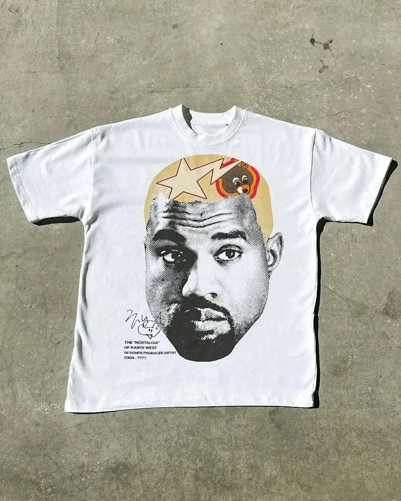 American Trendy Hip Hop Street Style T-Shirt Unisex Celebrity Portrait Print Tee Kanye Photo Top Plus Size Clothing Adult/Kids