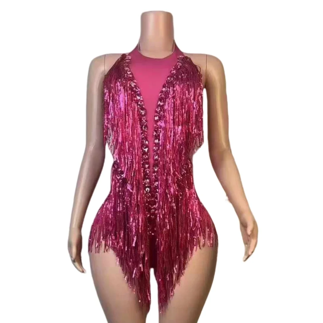 

Sexy Rhinestone Bodysuit For Women Fringe Stretch Leotard Sexy Backless Body Suits Drag Queen Outfit