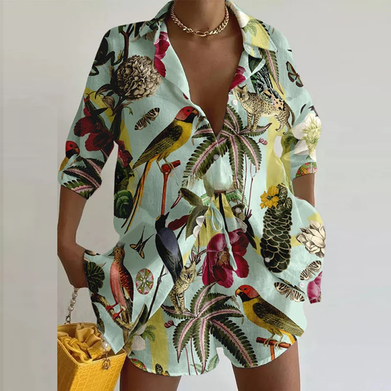 

Elegant Pattern Print Holiday Short Suit Summer Fashion Loose Party Outfits Casual Half Sleeve Lapel Button Top & Short Pant Set