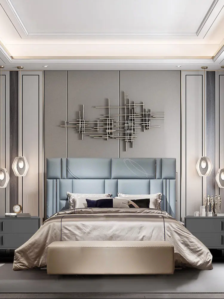 Italian light luxury bed Nabuco leather master bedroom high back queen bed villa mansion designer