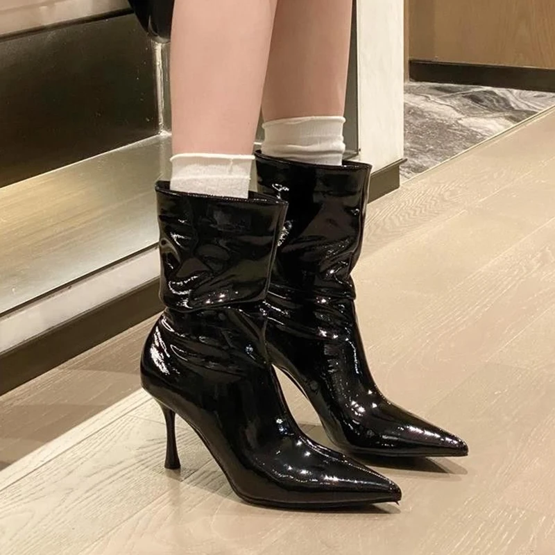 مطوي براءات الاختراع والجلود حذاء من الجلد للنساء مثير أشار تو كعب ستيليتو أحذية السيدات موضة النبيذ الأحمر عالية الكعب فستان أحذية