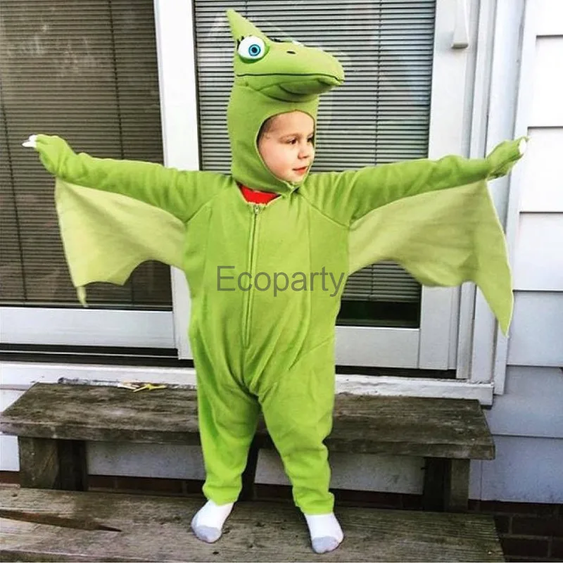 2024 Kids Animal Dinosaur Cosplay Costume Lovely Green Pterosaur Dragon Hooded Jumpsuit Suit Children Halloween Performance Wear