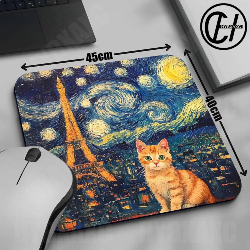 45x40 Starry Night Cat Mousepad Van Gogh Eiffel Tower Desk Mat Large Gaming Mousepad Non-Slip Rubber Laptop Computer Accessories