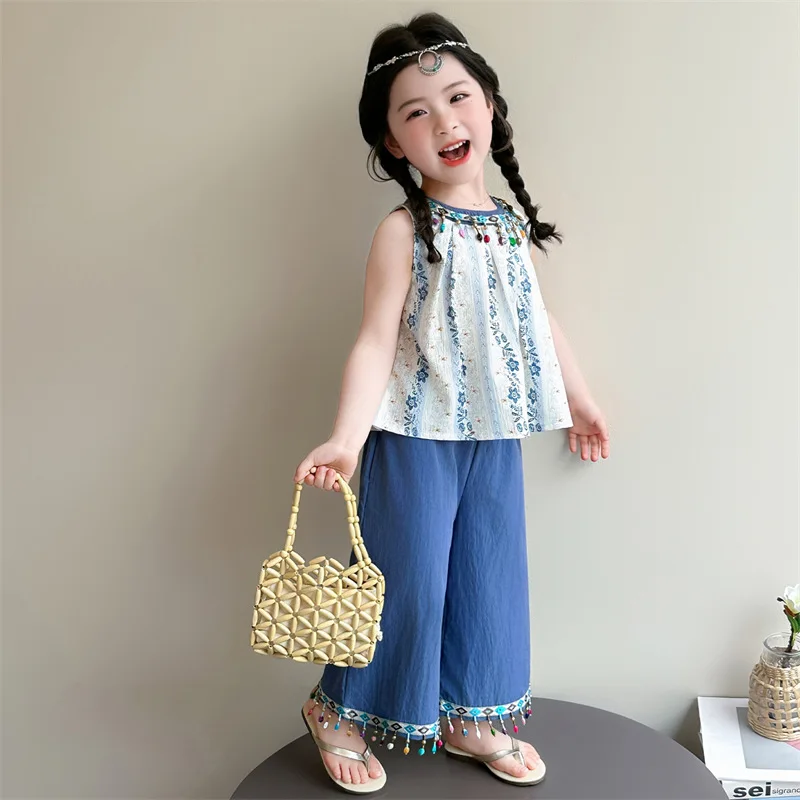 2026 Summer Girls' Floral Lace Ethnic Style Set, Little Girl Sleeveless Tank Top and Pants Two-Piece Set