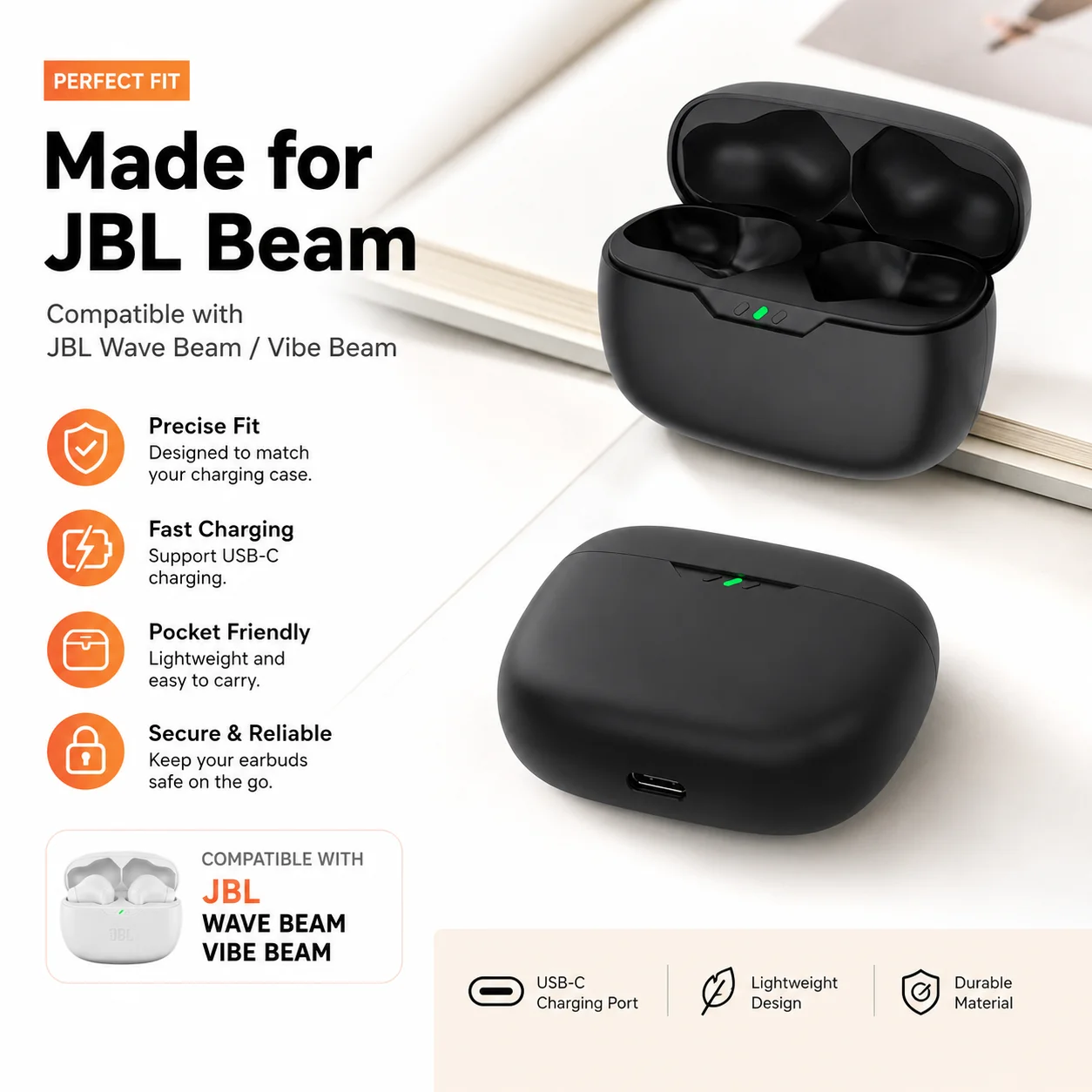 Charging Case For JBL Wave Beam/JBL Vibe Beam 600mAh Type-C Compatible Replacement Case Only,No Earbuds 1PCS Black Case