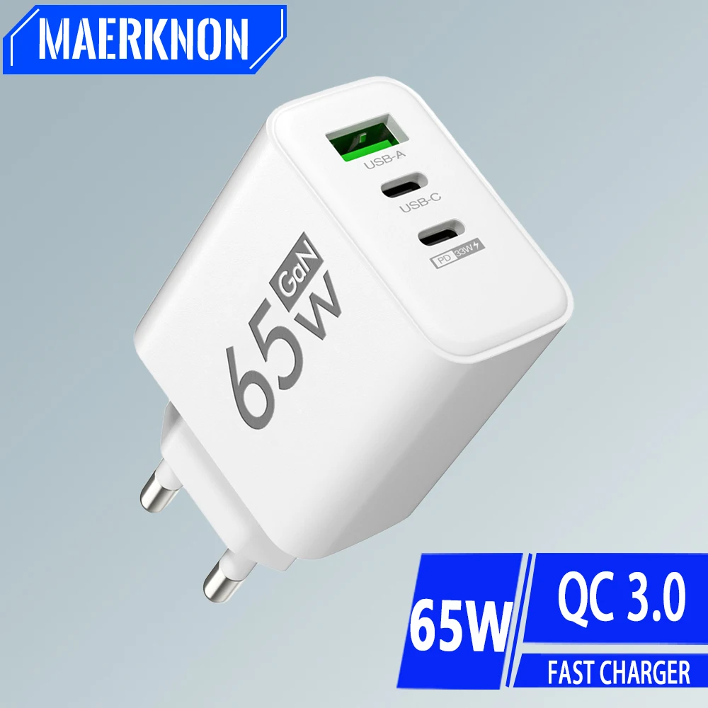 65W 3 Ports USB GaN Charger QC3.0 PD Type Fast Charging EU/US Plug Wall Charger For iPhone Samsung Xiaomi Huawei Phone Charger
