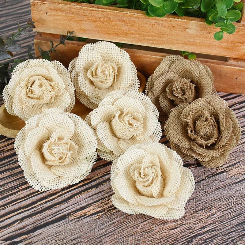 2/3/5pcs Natural Jute Burlap Hessian Rose Artificial Flower Rustic Vintage Wedding Party Decoration Handmade DIY Craft Accessory