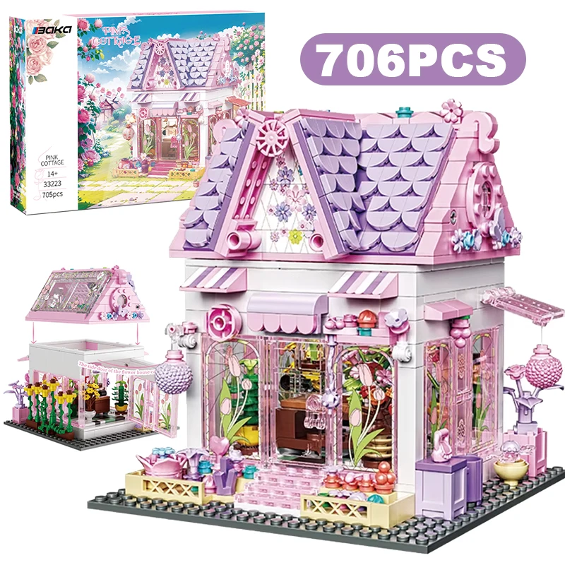 

Creative 706PCS Christmas Pink Candy House Building Blocks Romantic Flower Hut Model Assemble Bricks Toy Gift For Kid Girl Adult