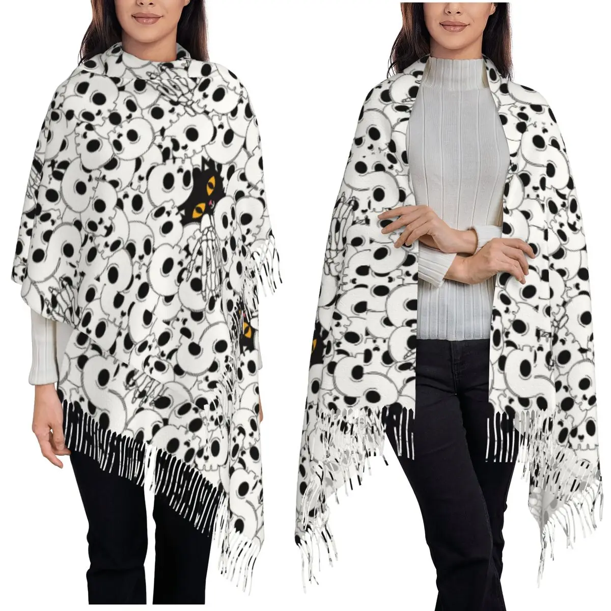 Black Cat Halloween Pattern Scarf Tassel Scarves for Women Soft Warm Shawls and Wraps Long Fall Winter Shawl Wrap