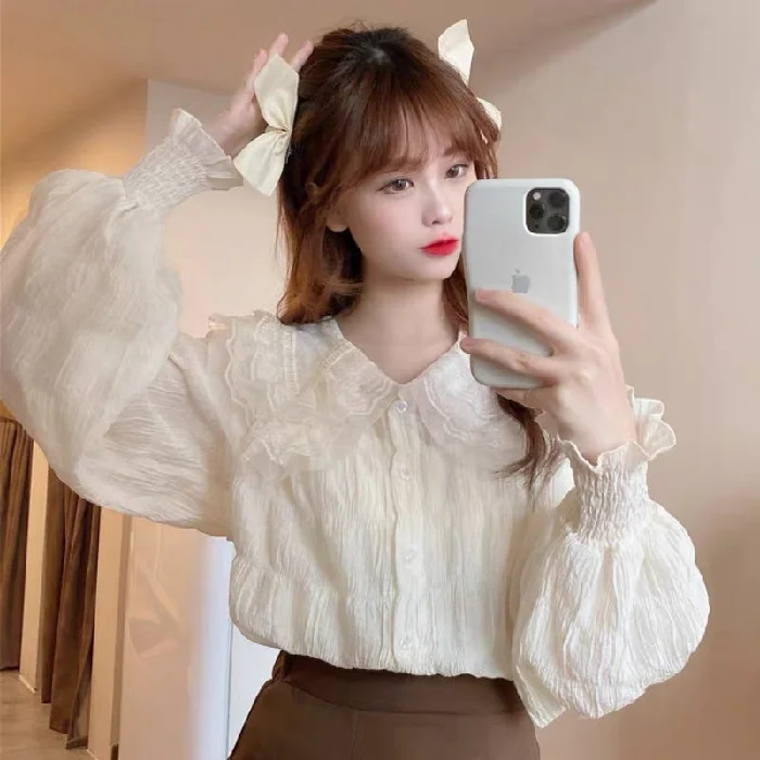 قمصان نسائية طويلة الأكمام من الساتان المرقعة بأزرار سفلية بقصة ضيقة وياقة دائرية أنثوية أنيقة ملابس غير رسمية للمكتب الفرنسي