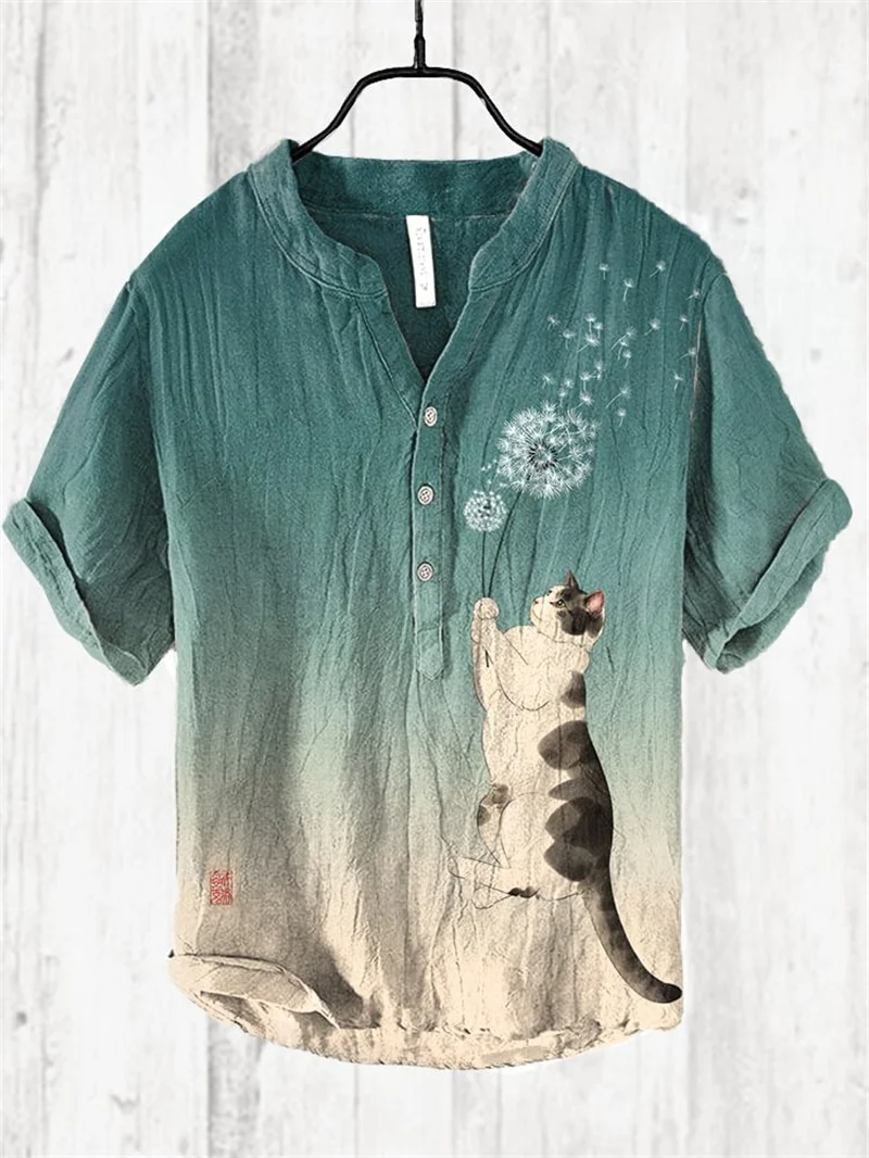 Foreign trade linen black kitten 3d printed pullover shirt Hawaiian V-neck shirt cross-border men\'s linen short-sleeved shirt