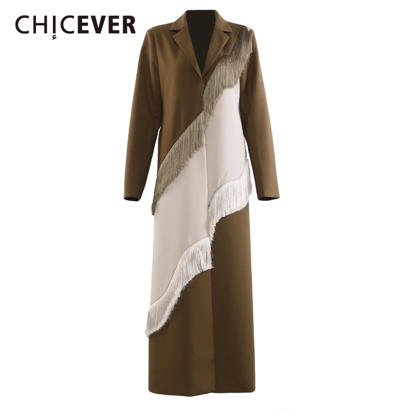 

CHICEVER Colorblock Spliced Tassel Long Trench for Women Notched Collar Long Sleeve Slimming Irregular Designer Coats Female New