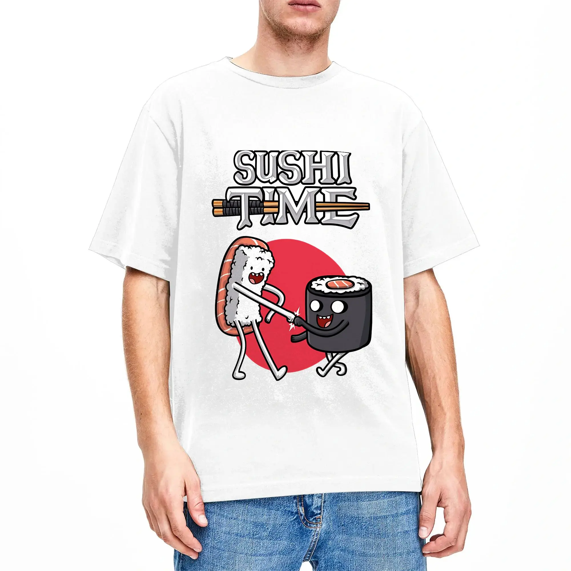 Hip Hop Sushi Time  T-Shirt Men's Round Neck Short Sleeve Tops Shirts Sushi Wardrobe Cotton Summer Tops