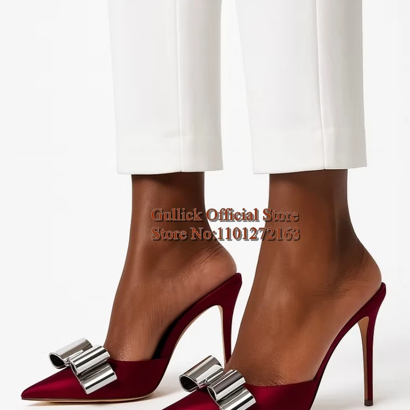 

Metallic Bow Butterfly-knot Fuchsia Satin Pointed-Toe Mules Stiletto Heel Elegant Formal Shoes for Banquet